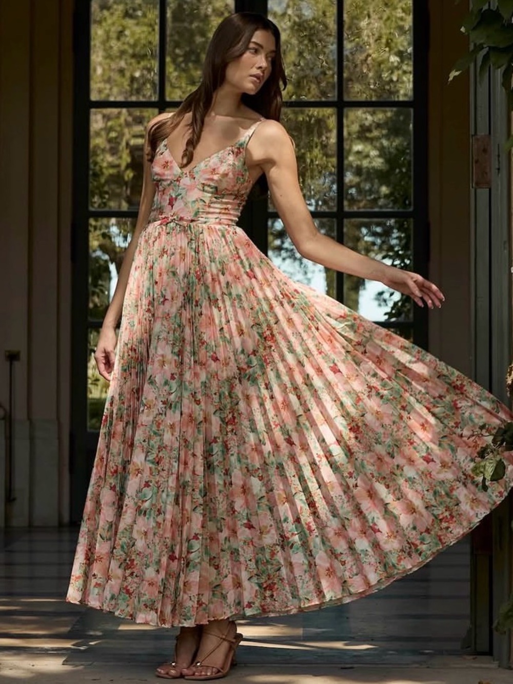 Hutch Pink Floral Pleated Spaghetti Strap Maxi Dress #223